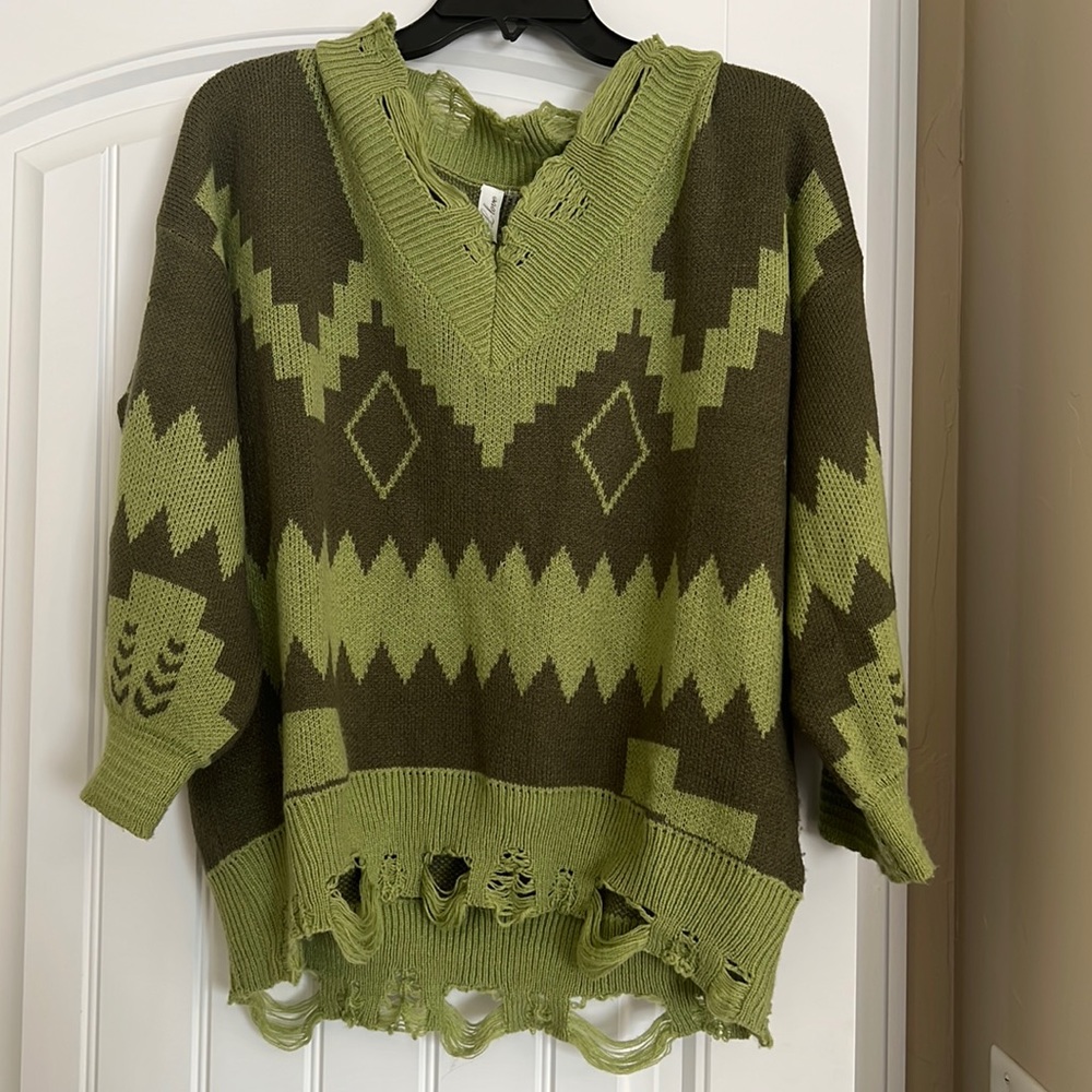 green v neck sweater, size small